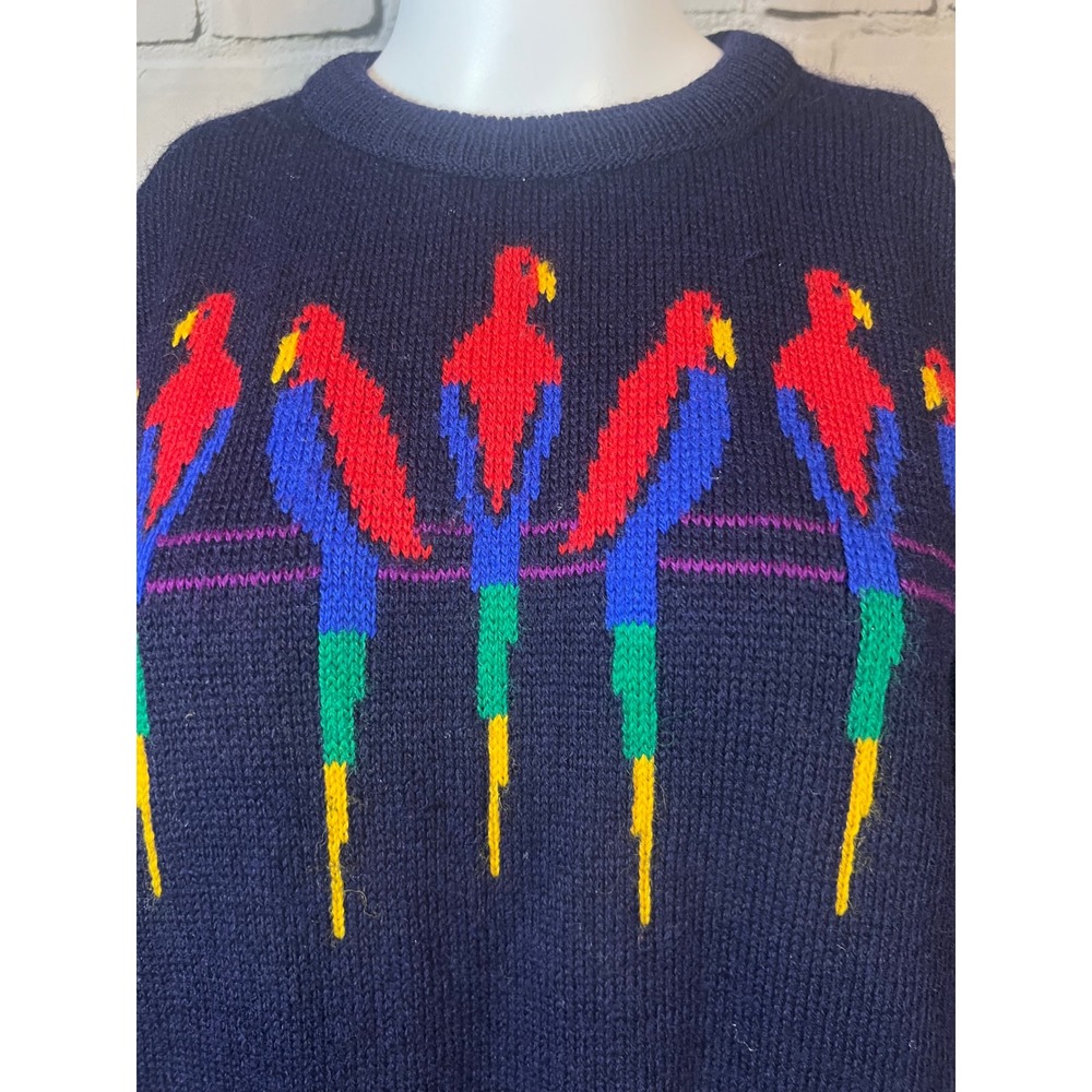 Vintage 1985 Tulchan Pure New Wool Parrot Sweater Navy Blue Intarsia Knit Rare M